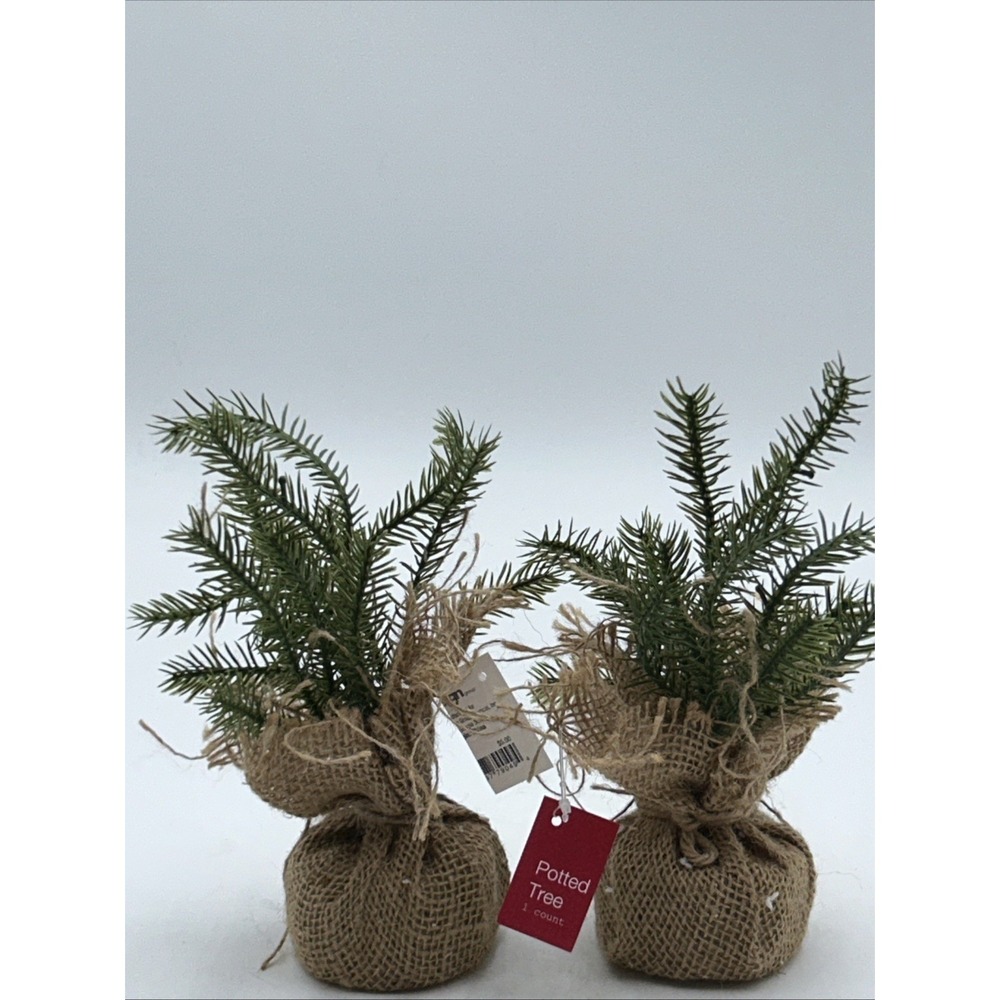 Set of Two 8" Tall Table Top Christmas Trees Burlap Bagged Decor